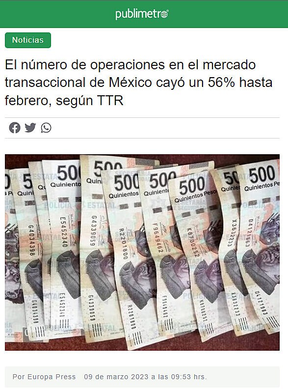 El nmero de operaciones en el mercado transaccional de Mxico cay un 56% hasta febrero, segn TTR